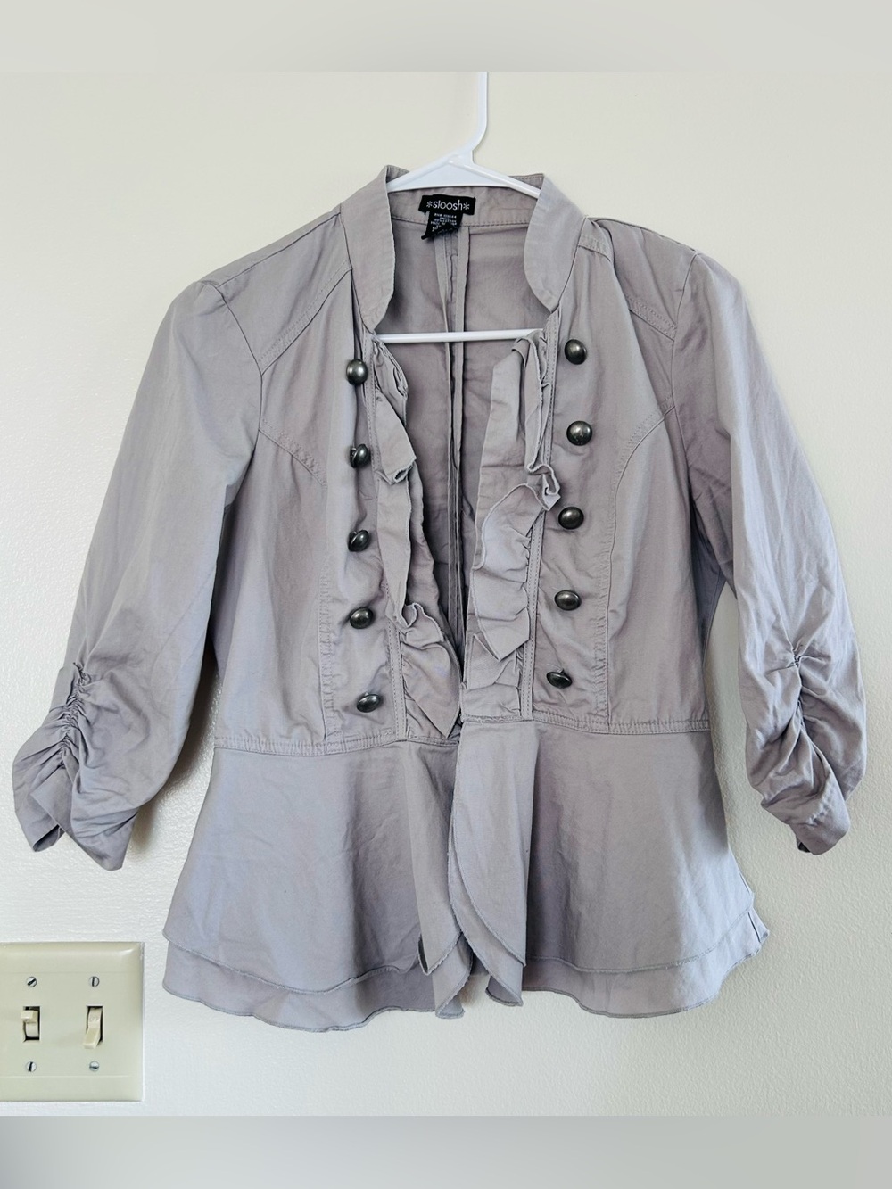 NWOT Small Buckle Stoosh Gray Blazer 100% Cotton Vintage 90s Y2K Ruffle Ruched - Picture 1 of 7